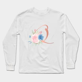 Letter Q Rose Gold and Watercolor Blush Pink and Navy Long Sleeve T-Shirt